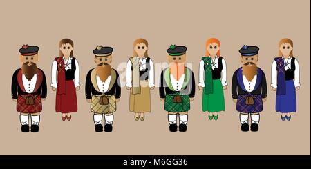 Males and females in traditional Scottish Highland tartan dress. Stock Vector