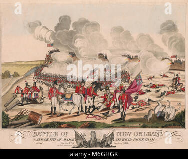 Battle of New Orleans and death of Major General Pakenham on the 8th of January 1815 -  Battle of New Orleans from the British perspective, as British forces advance upon the earthworks or barricades from which the American forces, under the command of Andrew Jackson, repel the attack. Includes a remarque printed at bottom center that shows a head-and-shoulders portrait of Andrew Jackson, facing slightly left, with American flags and various weapons. Prominent figures are identified by number within the print, however, there is no corresponding key. In this print, Major General Lambert (no. 3) Stock Photo