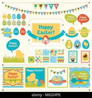 Set of Happy Easter ornaments and decorative elements Stock Vector