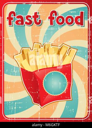 Fast food background with french fries in retro style Stock Vector