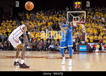 March 03, 2018: UCLA Bruins guard Aaron Holiday (3) passes the ball in a NCAA Basketball game between the UCLA Bruins vs USC Trojans at the Galen Center in Los Angeles, CA: Jordon Kelly/CSM(Jordon Kelly : © Cal Sport Media) Credit: Cal Sport Media/Alamy Live News Stock Photo