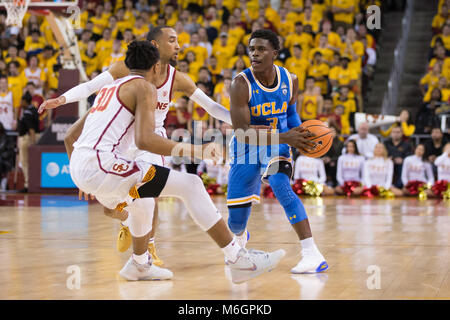 March 03, 2018: UCLA Bruins guard Aaron Holiday (3) passes the ball in a NCAA Basketball game between the UCLA Bruins vs USC Trojans at the Galen Center in Los Angeles, CA: Jordon Kelly/CSM(Jordon Kelly : © Cal Sport Media) Credit: Cal Sport Media/Alamy Live News Stock Photo
