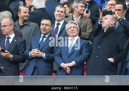Barcelona, Spain. 4th Mar, 2018. Josep Maria Bartomeu and Enrique Cerezo during the match between FC Barcelona against Atletico Madrid, for the round 27 of the Liga Santander, played at Camp Nou Stadium on 4th March 2018 in Barcelona, Spain. (Credit: Urbanandsport / Cordon Press)  Cordon Press Credit: CORDON PRESS/Alamy Live News Credit: CORDON PRESS/Alamy Live News Credit: CORDON PRESS/Alamy Live News Stock Photo