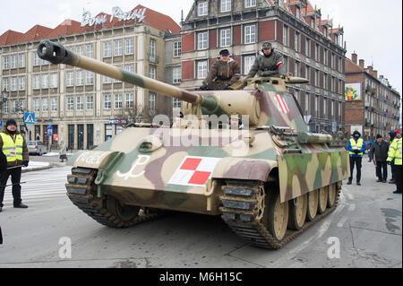 Reconstruction of WWII German medium tank Sd.Kfz. 171 Panzerkampfwagen V Panther during IV National Defilade of the Memory of the Cursed Soldiers in Gdansk, Poland. March 4th 2018. In the early days of the Warsaw Uprising in 1944 at least two of Panther tanks were captured by Polish insurgents and used in actions against the Germans. One of the was called Pudel (Poodle) © Wojciech Strozyk / Alamy Live News Stock Photo