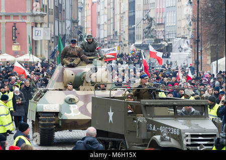 Reconstruction of WWII German medium tank Sd.Kfz. 171 Panzerkampfwagen V Panther during IV National Defilade of the Memory of the Cursed Soldiers in Gdansk, Poland. March 4th 2018. In the early days of the Warsaw Uprising in 1944 at least two of Panther tanks were captured by Polish insurgents and used in actions against the Germans. One of the was called Pudel (Poodle) © Wojciech Strozyk / Alamy Live News Stock Photo