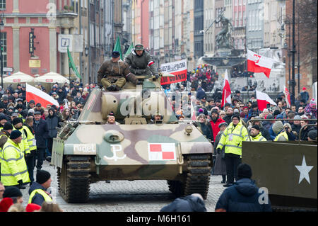 Reconstruction of WWII German medium tank Sd.Kfz. 171 Panzerkampfwagen V Panther during IV National Defilade of the Memory of the Cursed Soldiers in Gdansk, Poland. March 4th 2018. In the early days of the Warsaw Uprising in 1944 at least two of Panther tanks were captured by Polish insurgents and used in actions against the Germans. One of the was called Pudel (Poodle) © Wojciech Strozyk / Alamy Live News Stock Photo