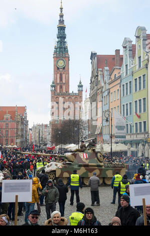 Reconstruction of WWII German medium tank Sd.Kfz. 171 Panzerkampfwagen V Panther during IV National Defilade of the Memory of the Cursed Soldiers in Gdansk, Poland. March 4th 2018. In the early days of the Warsaw Uprising in 1944 at least two of Panther tanks were captured by Polish insurgents and used in actions against the Germans. One of the was called Pudel (Poodle) © Wojciech Strozyk / Alamy Live News Stock Photo