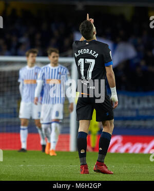 San Sebastian, Spain. 04th Mar, 2018. (17) Alfonso Pedraza celebrate goal during the Spanish La Liga soccer match between Real Sociedad and Deportivo Alaves, at Anoeta stadium, in San Sebastian, northern Spain, Sunday, March. 04, 2018. Credit: Gtres Información más Comuniación on line, S.L./Alamy Live News Stock Photo