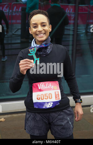 Greenwich,UK,4th March 2018,Adele Roberts, Radio One Presenter takes part in The Vitality Big Half which is a new half marathon starting at Tower Bridge and finishing by the Cutty Sark in Greenwich, passing through the boroughs of Southwark, Tower Hamlets, Lewisham and Greenwich. It has been created by London Marathon Events Ltd. There is also a Vitality Big Festival in Greenwich Park.©Keith Larby/Alamy Live News Stock Photo