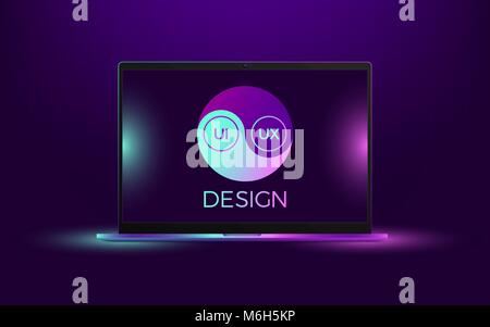 Vector laptop with blue and pink illumination. Computer notebook with Yin Yang symbol, concept of interdependent relations between User Interface and  Stock Vector