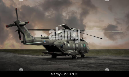 Agusta Westland AW101 Merlin helicopter of the Royal Air Force on runway at dusk with rear loading ramp partially down Stock Photo