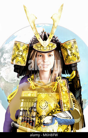 Caucasian woman in old Japanese armour Stock Photo