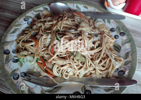 Dish of fried veg noodles with vegetables in Tengboche, Everest Base Camp trek, Nepal Stock Photo