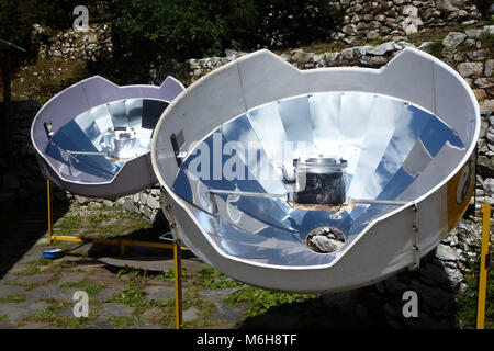 Picture of a parabolic solar heaters for hot water, Pangboche, Everest Base Camp trek, Nepal Stock Photo