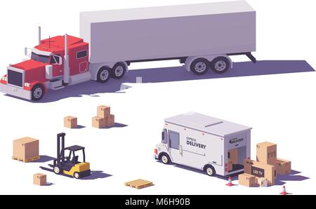 Vector low poly trucks and forklift Stock Vector