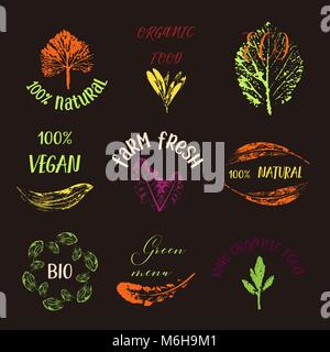 Bio, Ecology, Organic logos and icons, labels, tags. Hand drawn bio healthy food badges, set of raw, vegan Stock Vector