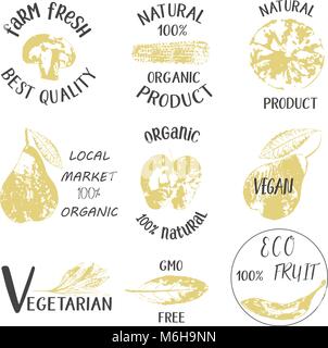 Bio, Ecology, Organic logos and icons, labels, tags. Hand drawn bio healthy food badges, set of raw, vegan Stock Vector
