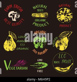Bio, Ecology, Organic logos and icons, labels, tags. Hand drawn bio healthy food badges, set of raw, vegan Stock Vector