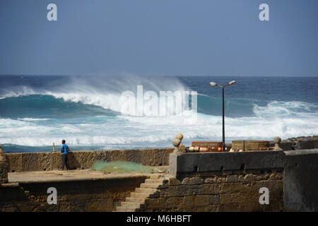 Man on th Pier of the Fishing Port of Ponta do Sol, Santo Antao, Cape Verde Stock Photo