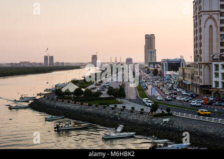 Ras Al Khaimah, United Arab Emirates - March 3, 2018: Ras Al Khaimah Corniche road and creek at dusk, the heart of northern emirate of the UAE Stock Photo