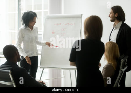 African coach or marketing manager gives presentation at team me Stock Photo