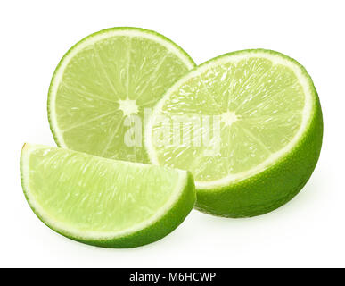 Two halves and slice of fresh lime fruit isolated on white background Stock Photo