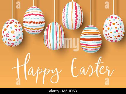 Happy Easter. pending easter eggs on golden background. Easter colorful hanging eggs with simple pink, orange, red, blue stripes Stock Vector