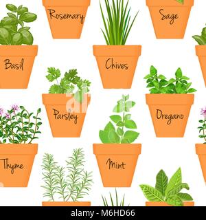 Big icon seamless pattern vector set of culinary herbs in orange terracotta clay pots with labels Stock Vector