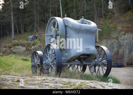 An old portable rock crusher at a mining museum in Norway seen from the back. Stock Photo