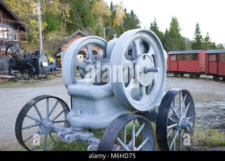 An old portable rock crusher at a mining museum in Norway seen from the front. Stock Photo