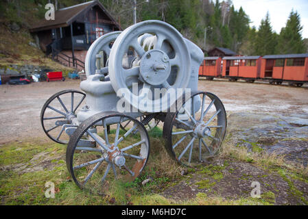 An old portable rock crusher at a mining museum in Norway seen from the side. Stock Photo