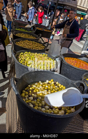 Green olive on the market in the street in town Palamos Stock Photo