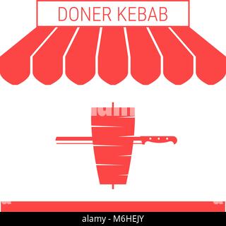 Doner Kebab, Shawarma Single Flat Vector Icon. Striped Awning and Signboard Stock Vector