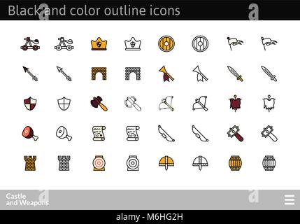 Black and color outline icons, thin stroke line style design Stock Vector