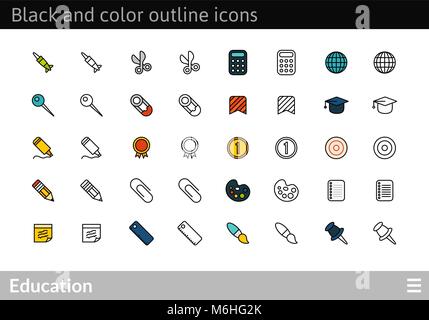 Black and color outline icons, thin stroke line style design Stock Vector