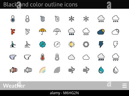 Black and color outline icons, thin stroke line style design Stock Vector