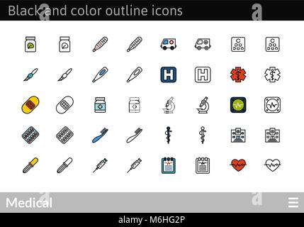 Black and color outline icons, thin stroke line style design Stock Vector