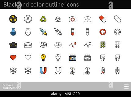 Black and color outline icons, thin stroke line style design Stock Vector