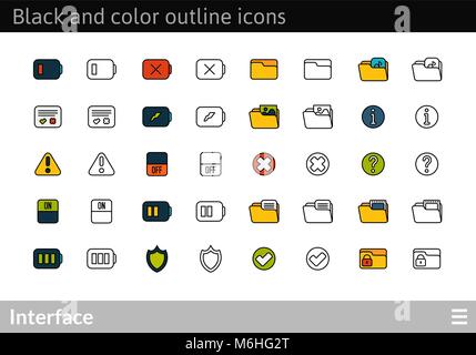 Black and color outline icons, thin stroke line style design Stock Vector