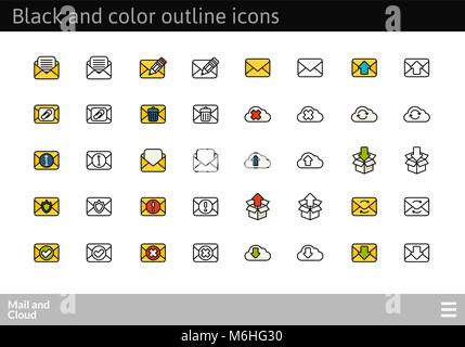 Black and color outline icons, thin stroke line style design Stock Vector