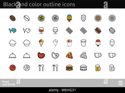 Black and color outline icons, thin stroke line style design Stock Vector