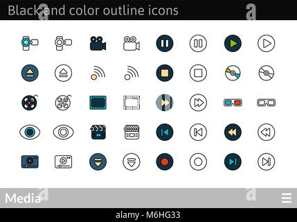 Black and color outline icons, thin stroke line style design Stock Vector