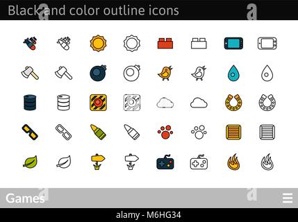 Black and color outline icons, thin stroke line style design Stock Vector