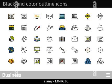 Black and color outline icons, thin stroke line style design Stock Vector