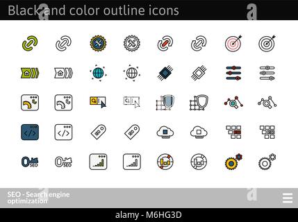 Black and color outline icons, thin stroke line style design Stock Vector