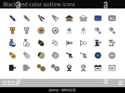 Black and color outline icons, thin stroke line style design Stock Vector