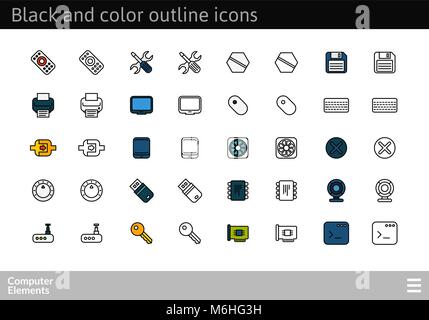 Black and color outline icons, thin stroke line style design Stock Vector