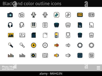 Black and color outline icons, thin stroke line style design Stock Vector