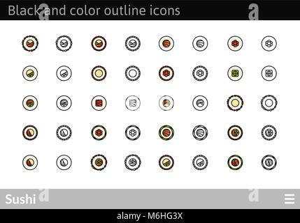 Black and color outline icons, thin stroke line style design Stock Vector