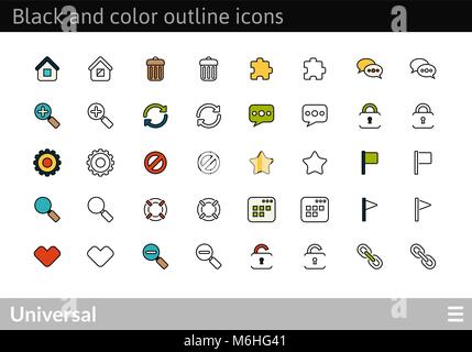 Black and color outline icons, thin stroke line style design Stock Vector